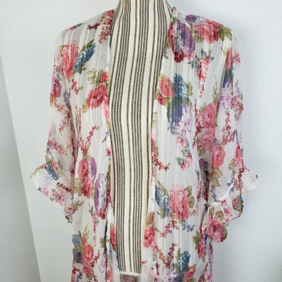 Betsey Johnson Floral Print Sheer Kimono Ruffled Swim Cover-up Loungewear O/S - Picture 7 of 12